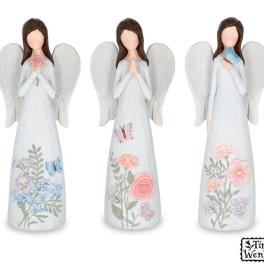 Three angel figurines with floral designs and butterflies