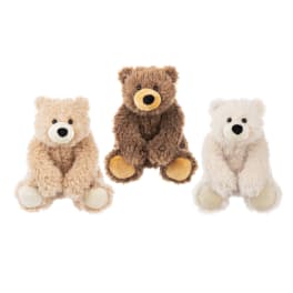 Three plush teddy bears in tan, brown, and white