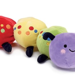 Four colorful plush caterpillar toys with smiling faces