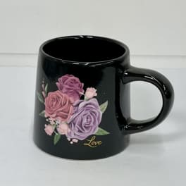 Black mug with pink and purple rose design and the word Love
