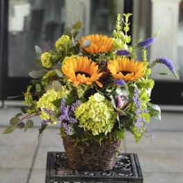 Orange sunflowers and purple accents in a woven basket arrangement