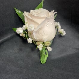 Single pale blush rose boutonniere with small white filler flowers