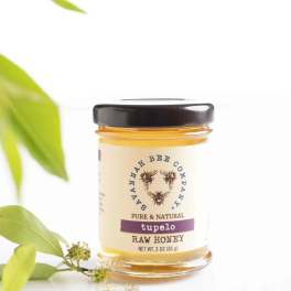 Jar of tupelo raw honey with green leaves beside it