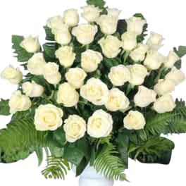 White rose arrangement in a white vase with broad fern foliage