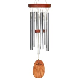 Silver wind chime with wooden accents and a hanging wooden striker