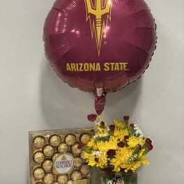 Arizona State balloon with a yellow flower bouquet and Ferrero Rocher chocolates