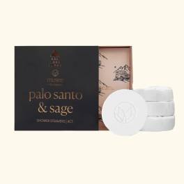 Boxed palo santo and sage shower steamers with white tablets