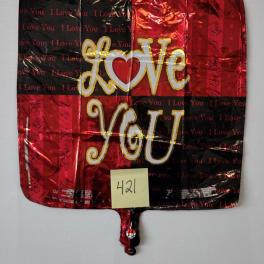 Red and black heart-themed foil balloon with "Love You" text