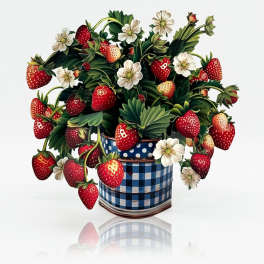 Strawberry-themed arrangement in a blue checkered tin with white flowers