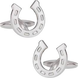 Pair of silver horseshoe cufflinks on a white background