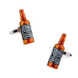 Pair of whiskey bottle cufflinks on a white background