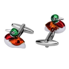 Pair of duck-shaped cufflinks with green, red, and orange enamel