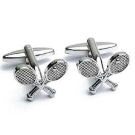Pair of silver tennis racket cufflinks on a white background