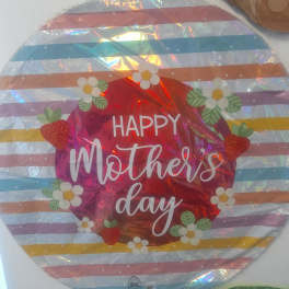 Round foil balloon with "Happy Mother's Day" text and strawberry and flower prints