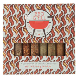 Gift box of assorted BBQ spices in tubes with red grill and flame pattern design