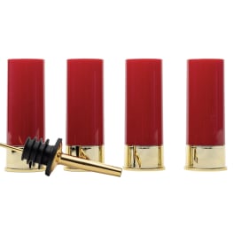 Four red and gold bottle stoppers with one stopper lying in front