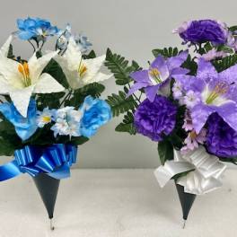 Two cone-shaped floral bouquets with blue-white and purple-white flowers