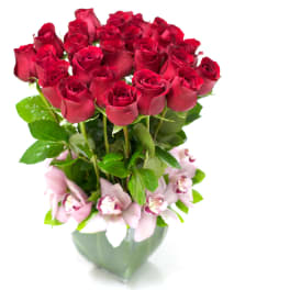 2 dozen Roses with Pink Orchids