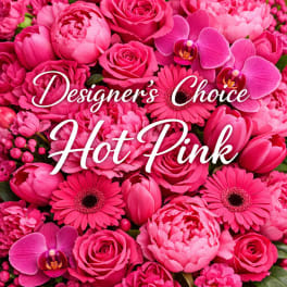 Hot pink floral arrangement with roses, peonies, gerbera daisies, and orchids