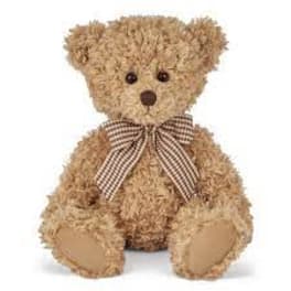 Brown plush teddy bear with curly fur and a checked bow sits against a white background