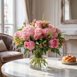 Pink roses and hydrangeas arranged in a clear glass vase
