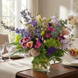 Mixed bouquet in a clear glass vase with purple, pink, and green flowers