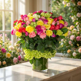 Mixed roses in pink, yellow, and red arranged in a glass vase