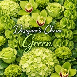 Green floral arrangement with roses, hydrangeas, orchids, and chrysanthemums