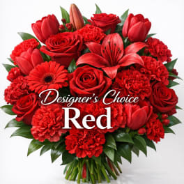 Red bouquet with roses, tulips, lilies, gerbera daisy, and carnations