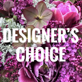 Close-up of a pink and purple floral arrangement with bold white text.