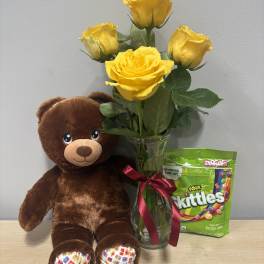 Yellow Roses & Birthday Bear Trio