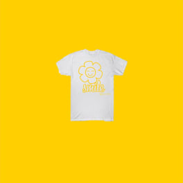 White T-shirt with a yellow flower smiley graphic