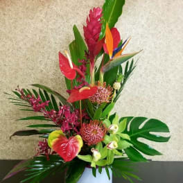 Tropical flower arrangement in a white vase with red and green blooms