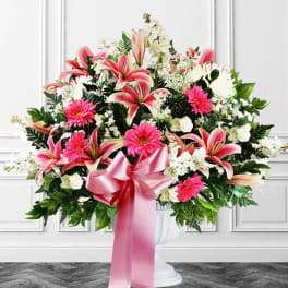Pink lilies and daisies in a white pedestal vase with a pink ribbon