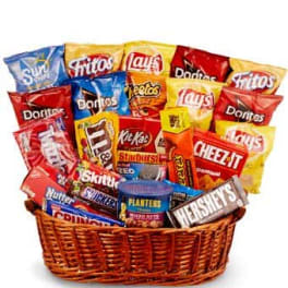 Basket filled with assorted snack bags and candy bars