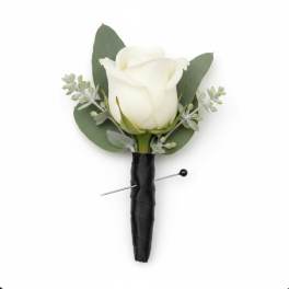 White rose boutonniere with eucalyptus and black wrap