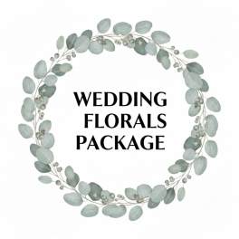 Eucalyptus wreath graphic around the words Wedding Florals Package