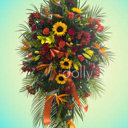 Tall tropical floral spray with sunflowers, roses, and orange bird-of-paradise