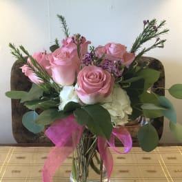Half dozen Pink Roses with white Hydrangea