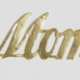Gold script reading "Mom" on a white background