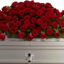 Large casket spray of red roses on a white casket