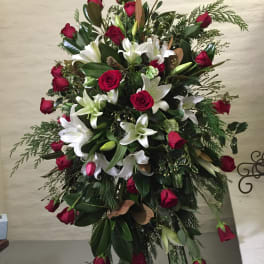 Standing floral spray with red roses and white lilies