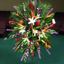 Large tropical floral spray with white lilies and purple accents