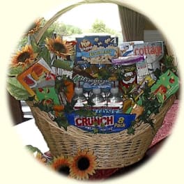 Gift basket with snack packs and artificial sunflowers