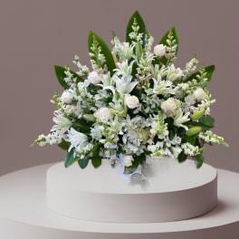 White floral arrangement in a low basket on a pedestal