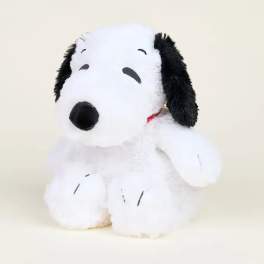 Plush Snoopy stuffed animal with black ears on a plain background