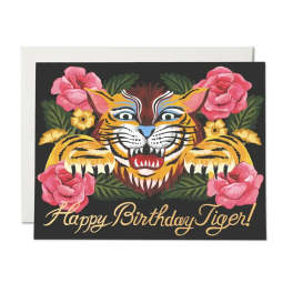 Birthday card with a tiger face and pink flowers