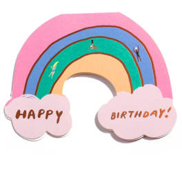Rainbow birthday card with pink clouds and "Happy Birthday" text