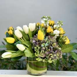 Low glass vase of yellow and white tulips, yellow spray roses, stock, and hydrangea blooms.