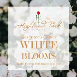 White flower arrangement with a florist logo and text overlay